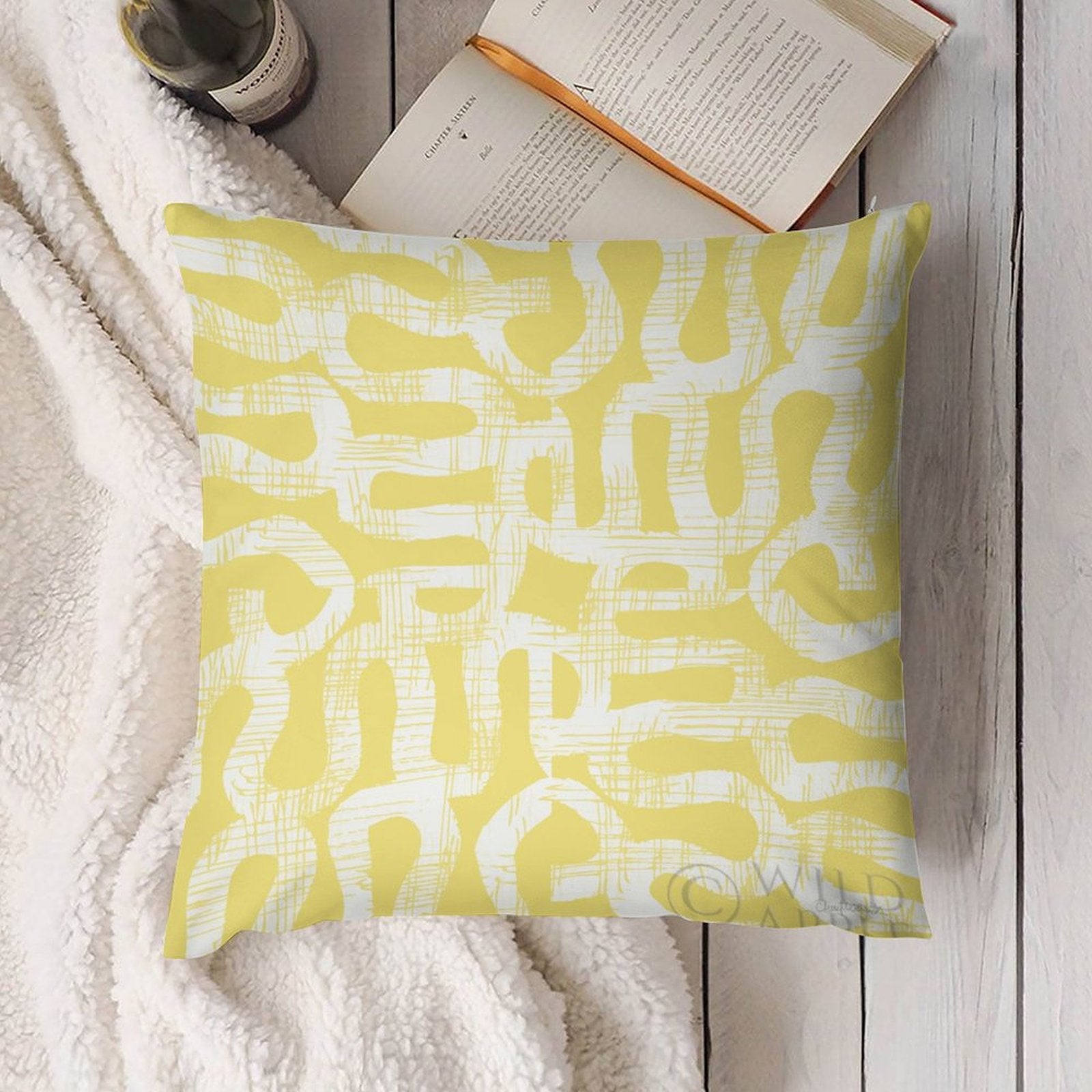 Yellow and white abstract pattern plush pillow cover for sofa, couch, living room from MyArtsyGift