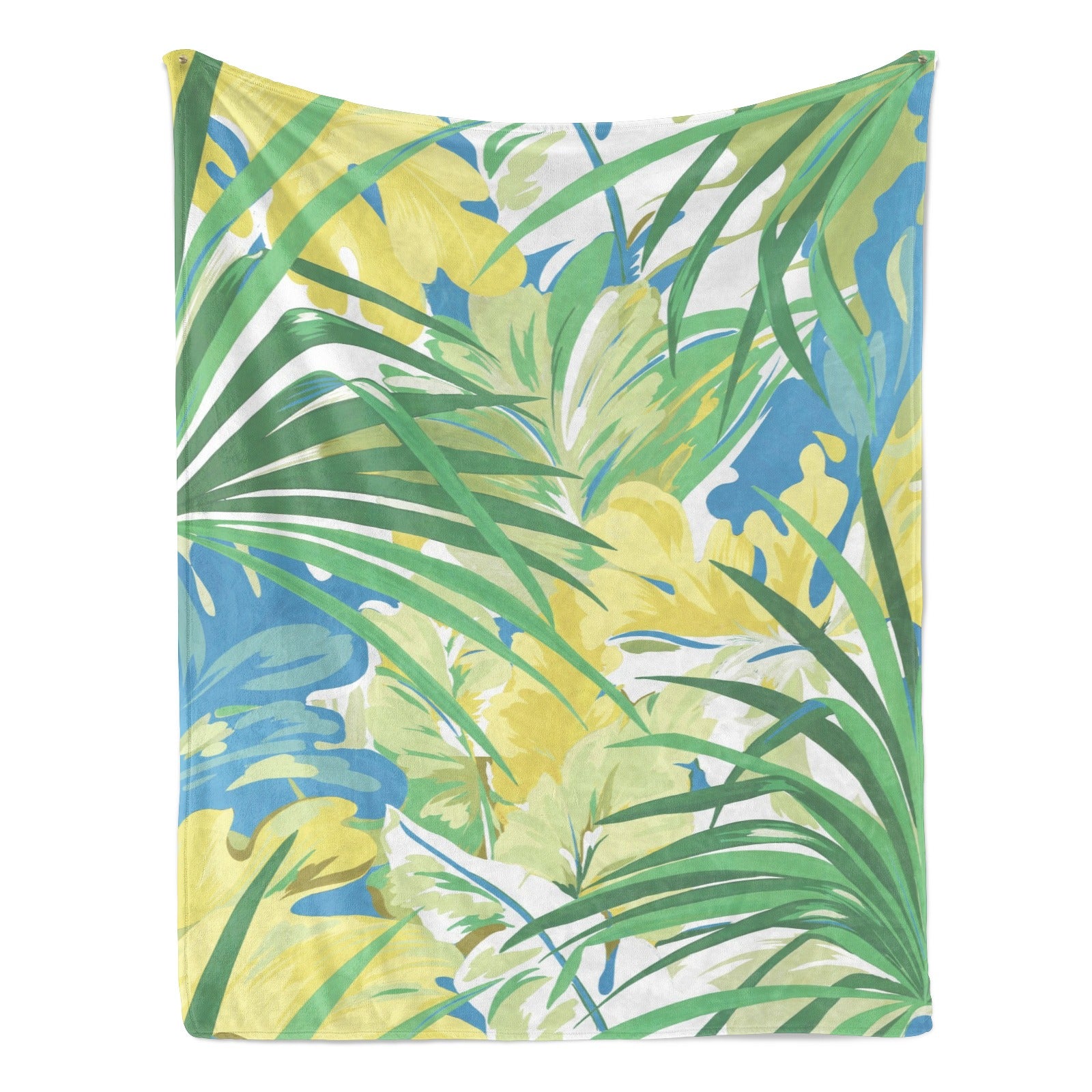 Green tropical plants flannel blanket for sofa couch bed made in USA, featuring vibrant floral design