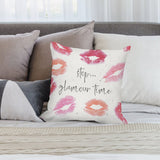 Plush pillow cover with lip print design and "stop glamour time" text, for living room decor.