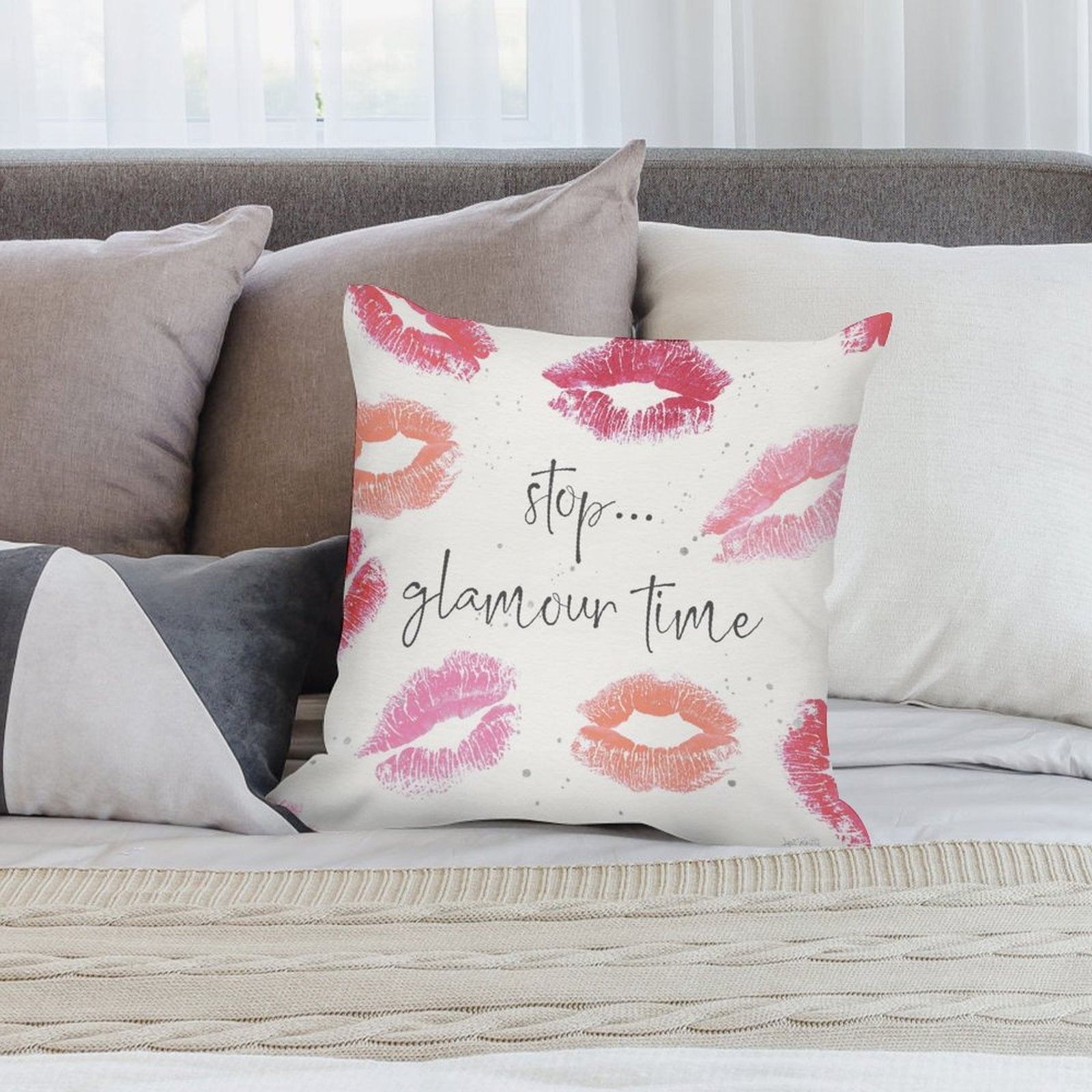 Plush pillow cover with kiss prints and 'stop... glamour time' text, perfect for sofa or bed, from MyArtsyGift.
