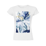 Women's white crewneck t-shirt with blue and gold floral print, MyArtsyGift