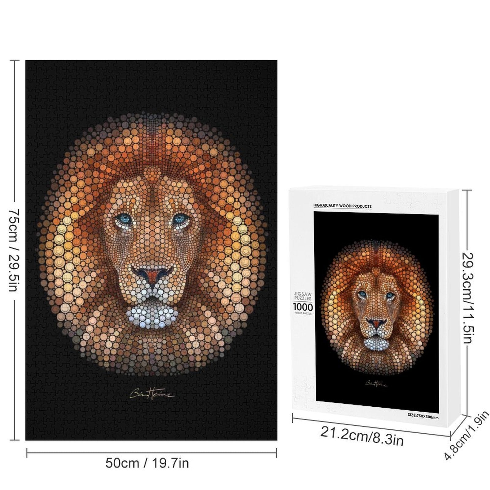 1000-piece wooden jigsaw puzzle of a lion face. Creative game night gift, high quality wood product.
