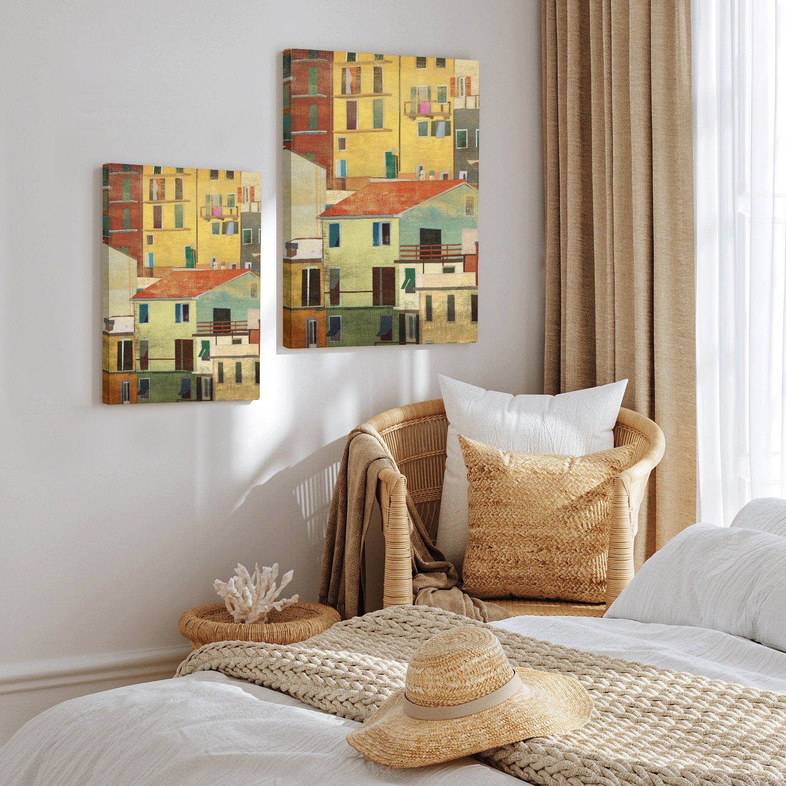 Modern wall art canvas print featuring colorful building artwork for living room decor, bedroom interior