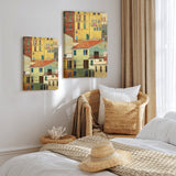 Modern wall art canvas print featuring colorful building artwork for living room decor, bedroom interior