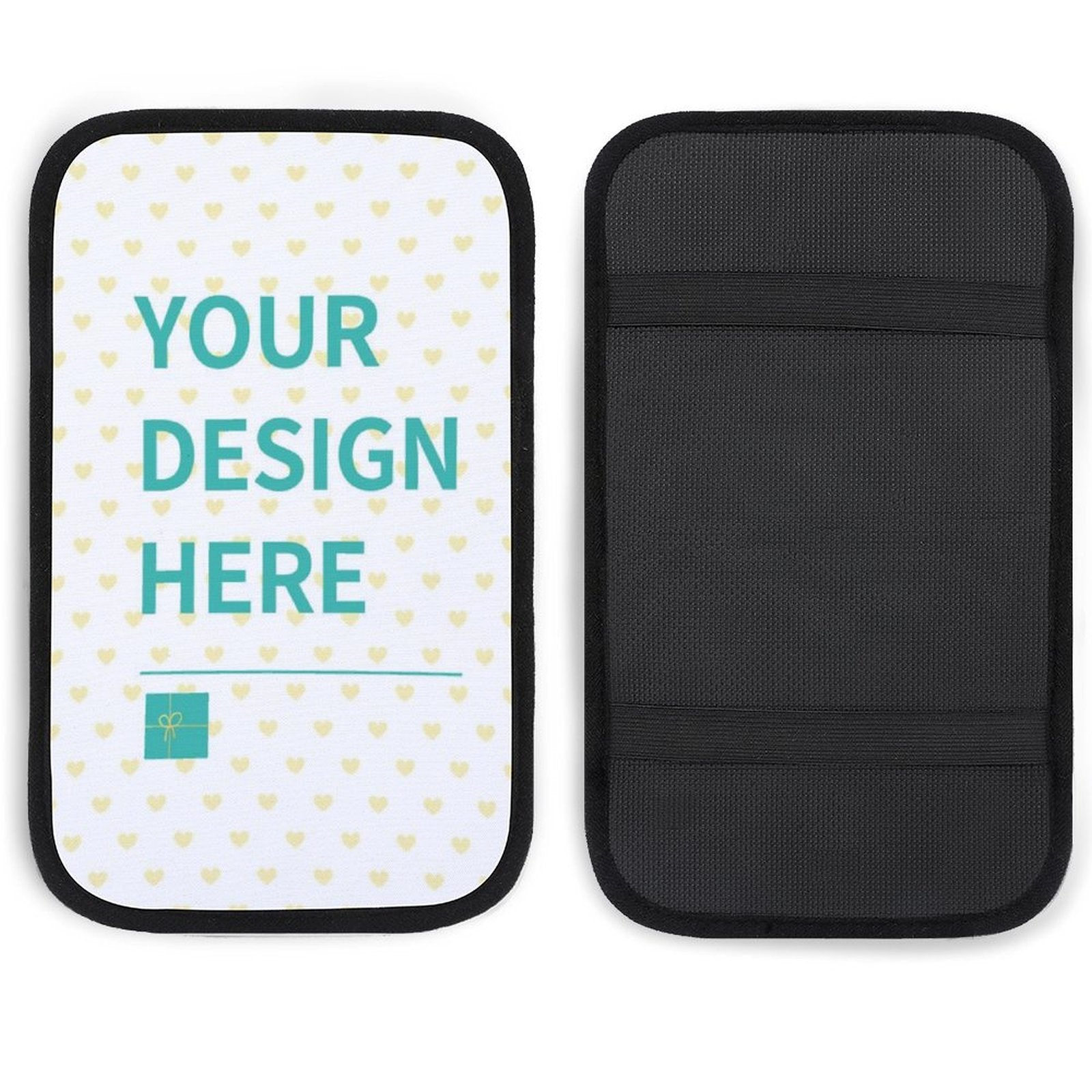 Custom car armrest cushion featuring "YOUR DESIGN HERE" text, black back, neoprene material, personalized console armrest pad