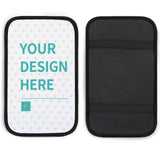 Custom car armrest cushion featuring "YOUR DESIGN HERE" text, black back, neoprene material, personalized console armrest pad