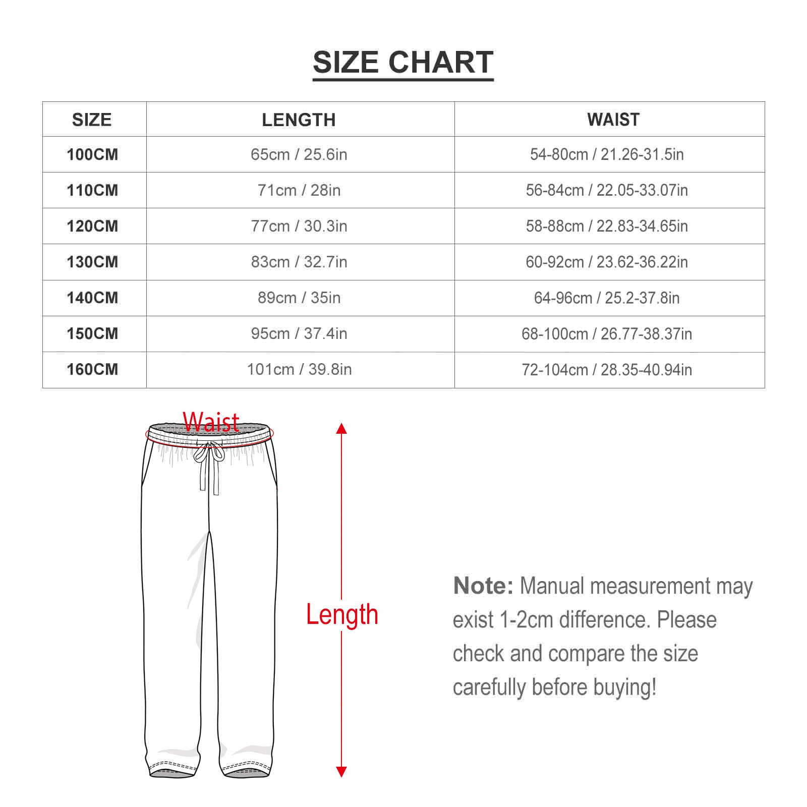 Toddler pajama pants size chart with measurements for waist and length, ensuring a perfect fit for MyArtsyGift customers.