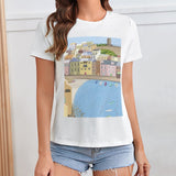 Women's white t-shirt with coastal town graphic print from MyArtsyGift.com, art lovers clothing
