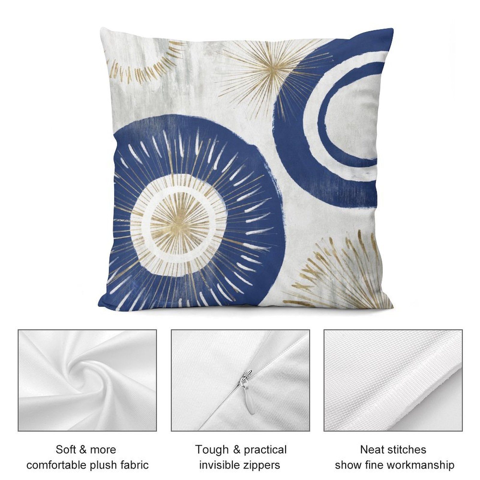 Navy and gold abstract art plush pillow cover with soft fabric, invisible zipper, and fine stitching