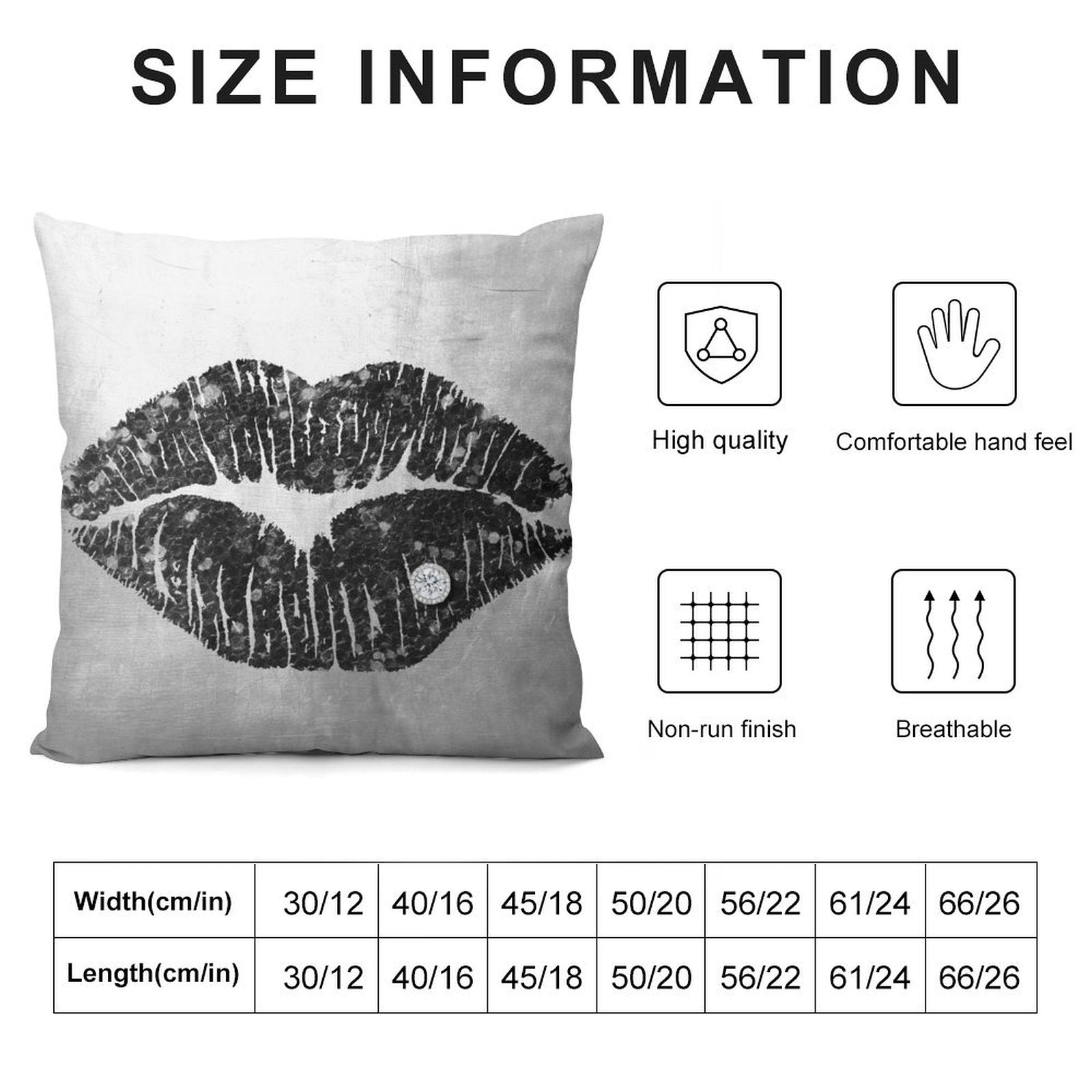Soft fluffy decorative pillow cover with lip design, ideal for sofa or couch, with size and material information.