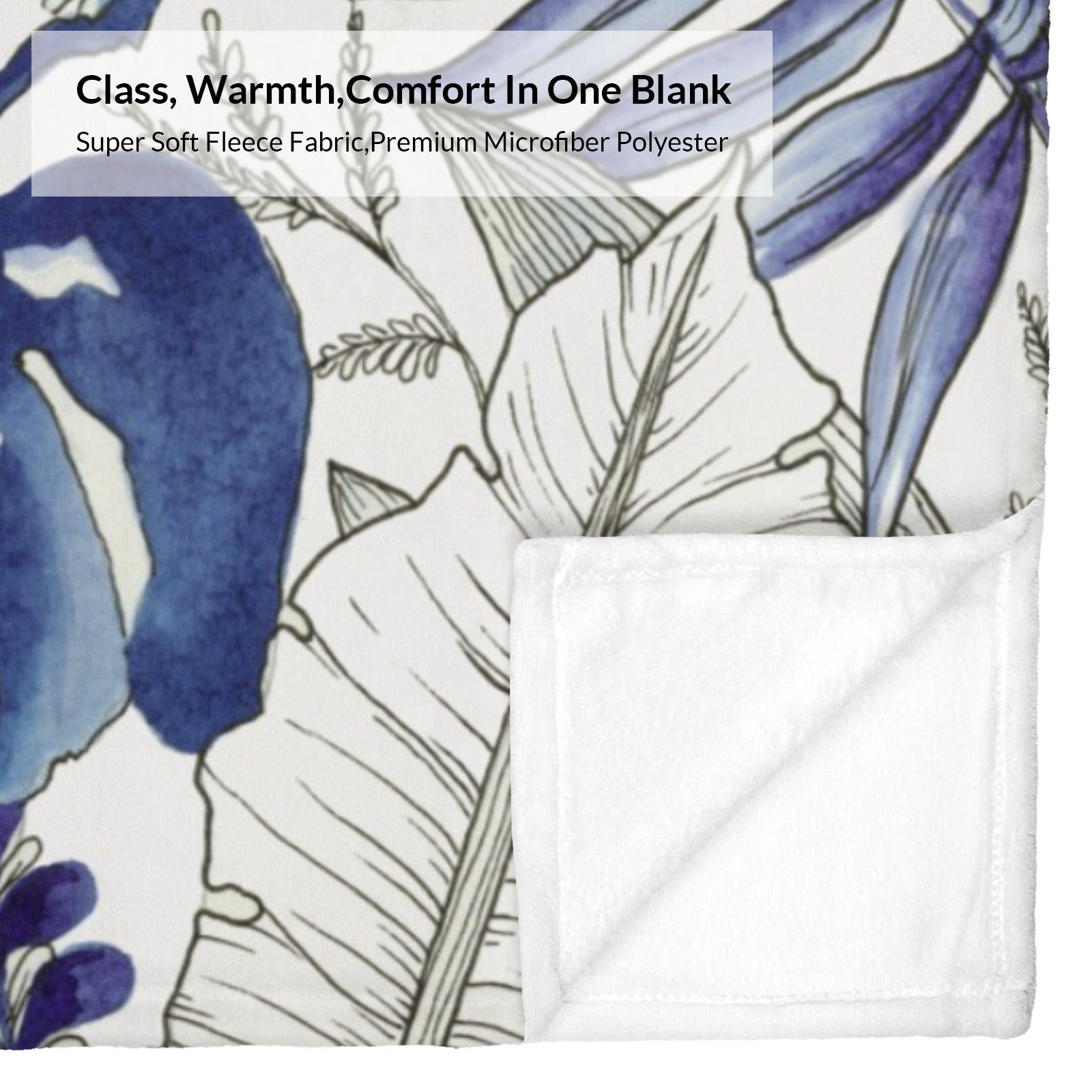 Blue tropical plants flannel blanket, super soft microfiber polyester, watercolor design, cozy home decor
