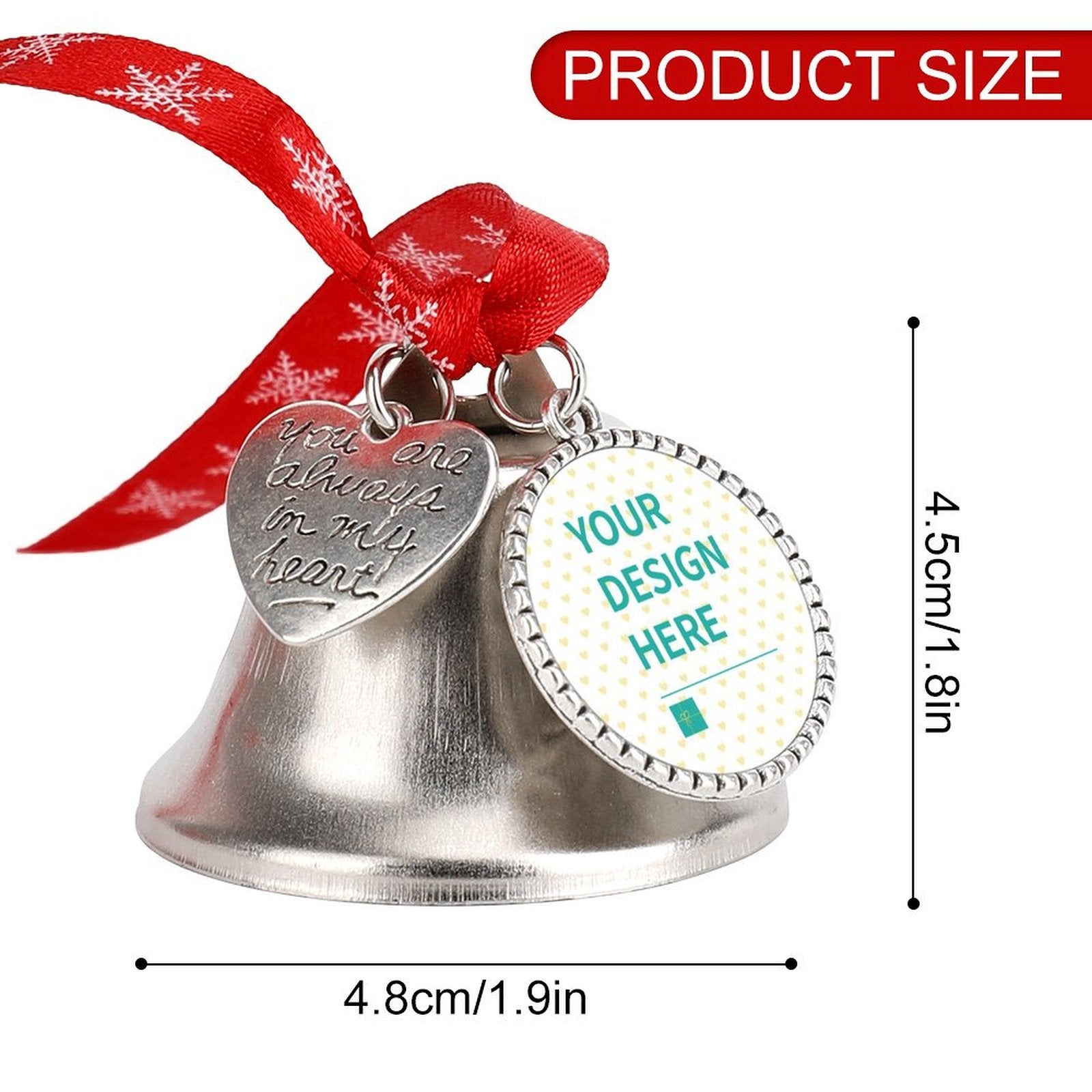 Custom Christmas jingle bell for tree, personalized with design, with "you are always in my heart" charm