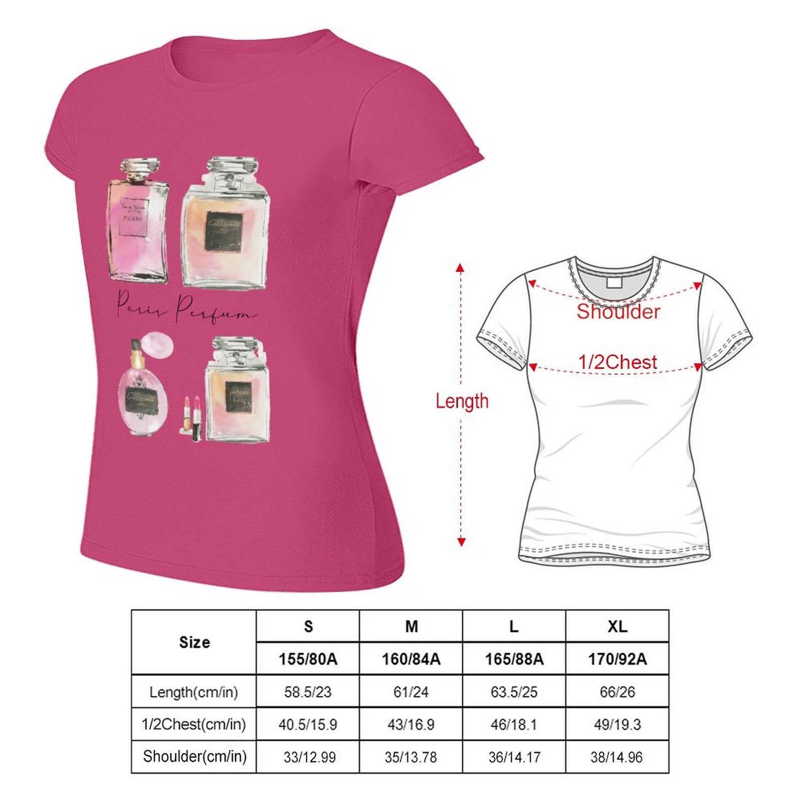 Women's pink short sleeve crewneck t-shirt with Paris Perfum graphic and size chart