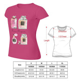 Women's pink short sleeve crewneck t-shirt with Paris Perfum graphic and size chart