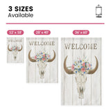 Bohemian Welcome garden flag with bull skull and floral design, available in 3 sizes.