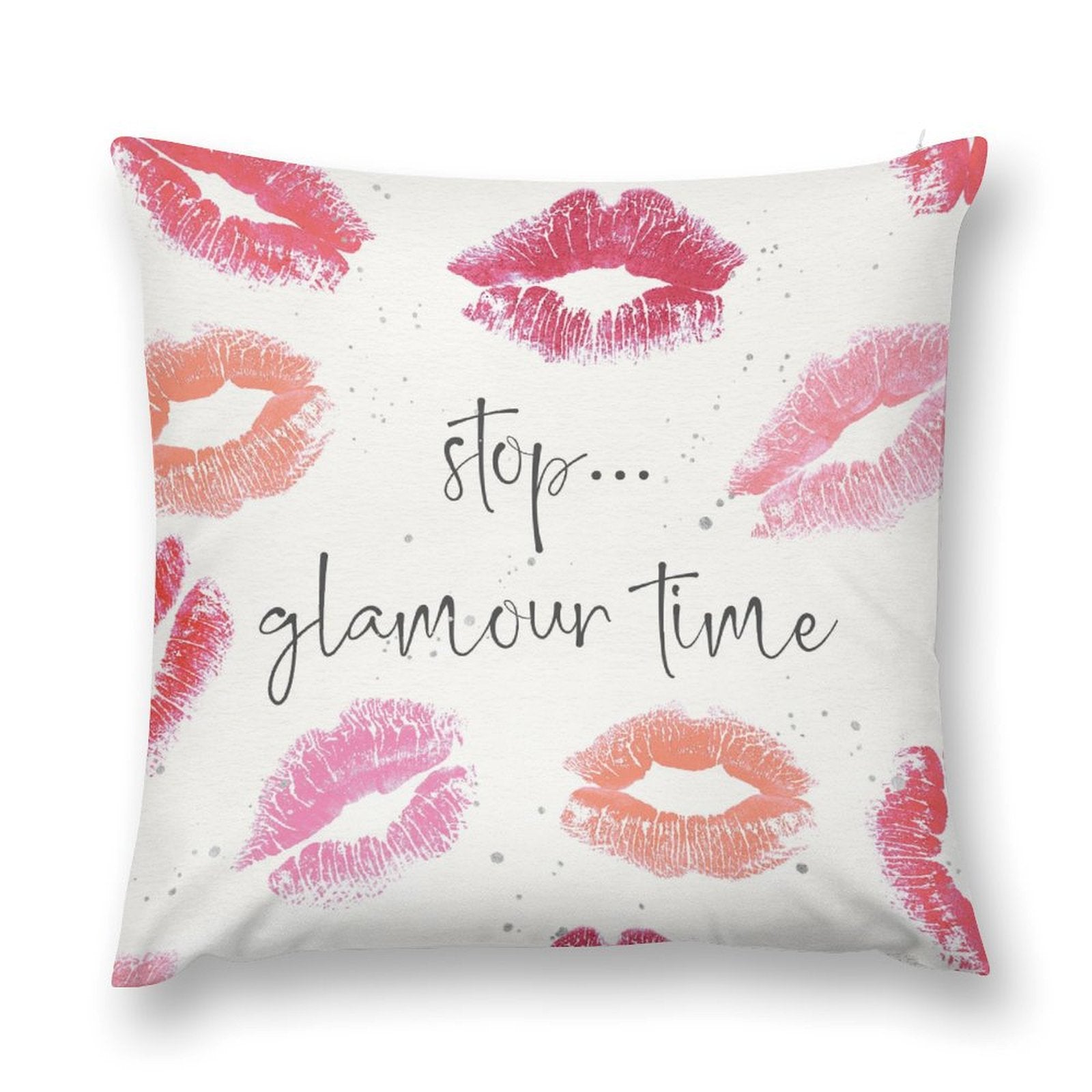 Soft plush pillow cover with lipstick kiss print, 'stop glamour time' text.