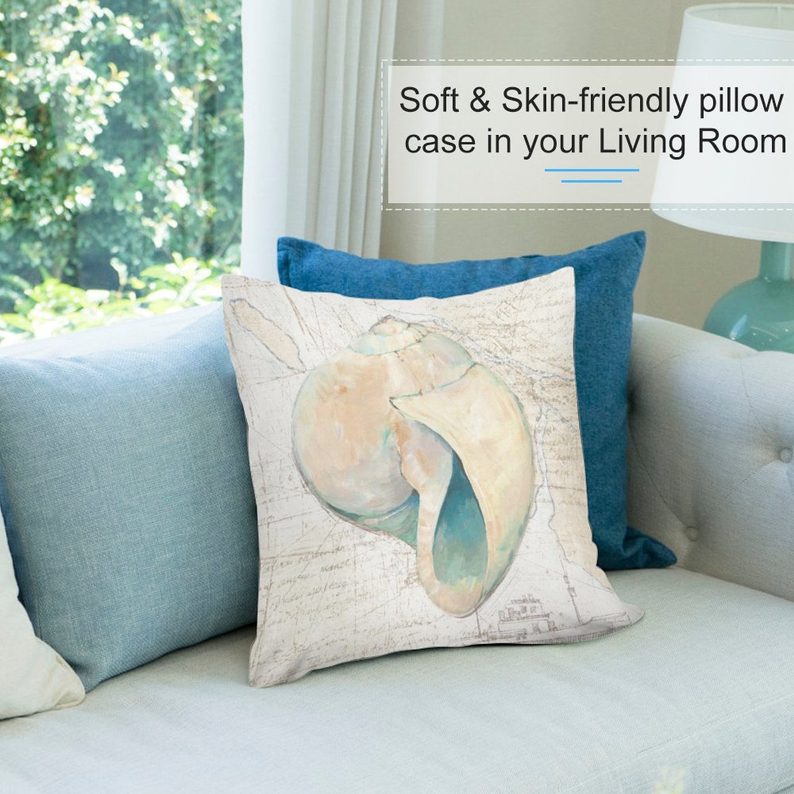 Seashell design soft plush pillow cover on sofa, perfect for living room decor, MyArtsyGift