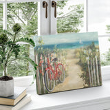Canvas print of red bicycle on beach path, sea view, made in USA. Perfect wall decor.