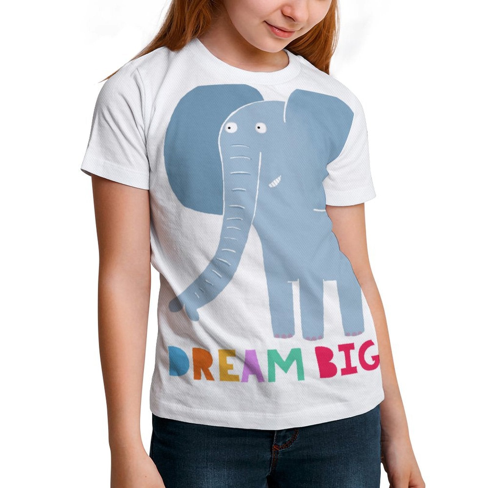 Kids' white short sleeve t-shirt with blue elephant graphic and DREAM BIG text. Mesh fabric, perfect for summer wear.