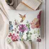 Square short plush pillow cover with watercolor hummingbird and floral design, home sofa decor