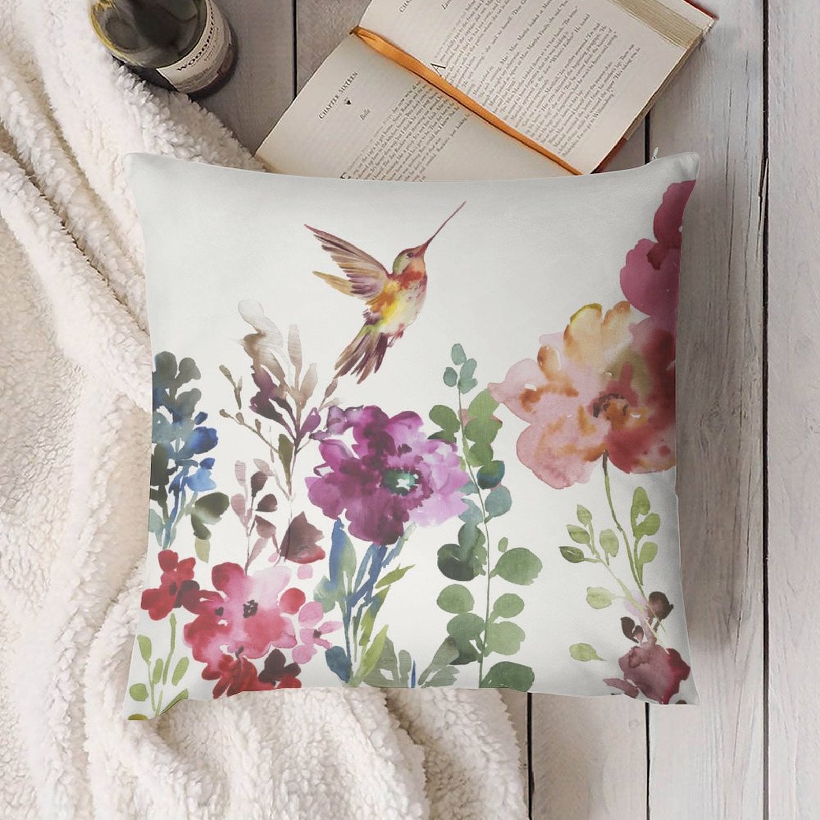 Short plush pillow cover with watercolor hummingbird and floral design, home decor, couch decor, myartsygift