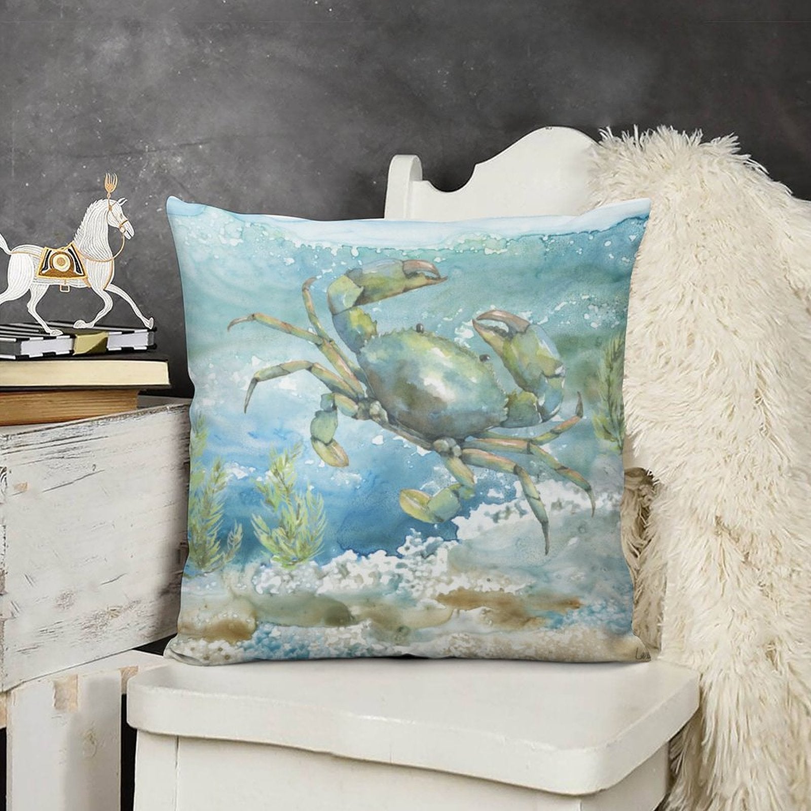 Square throw pillow cover with watercolor crab design. Short plush fabric, home decor, for sofa and couch.