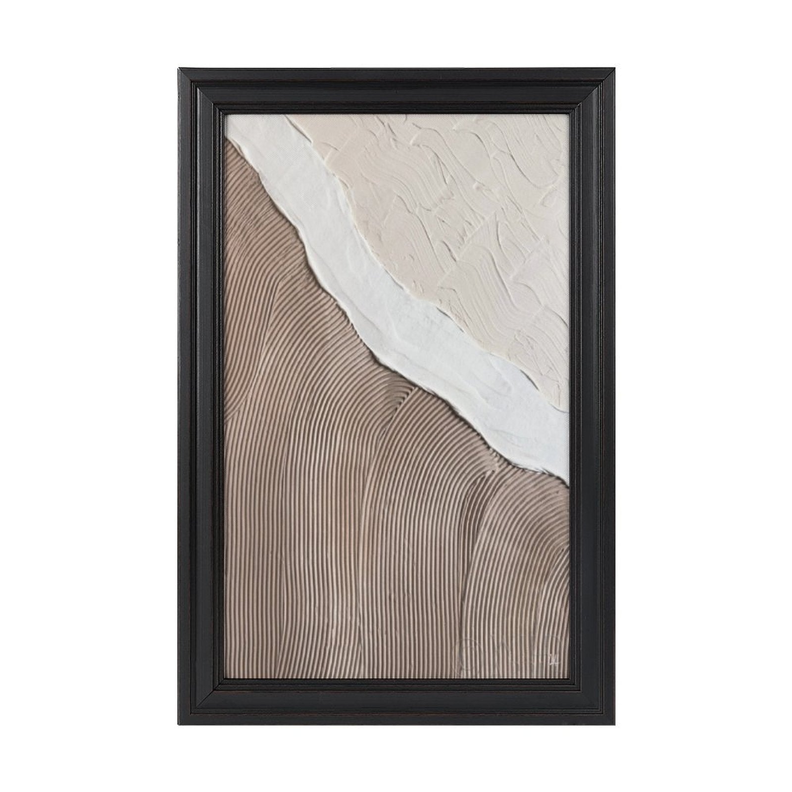 Abstract textured canvas print in black frame, beige, white, brown wall art. Personalized gifts for home decor.