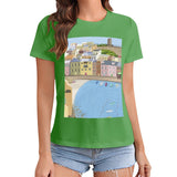 Green crewneck t-shirt featuring coastal town graphic print. Stylish and artistic design for MyArtsyGift shoppers.