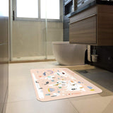 World Map doormat with cute animal illustrations in a bathroom setting, indoor or outdoor use.
