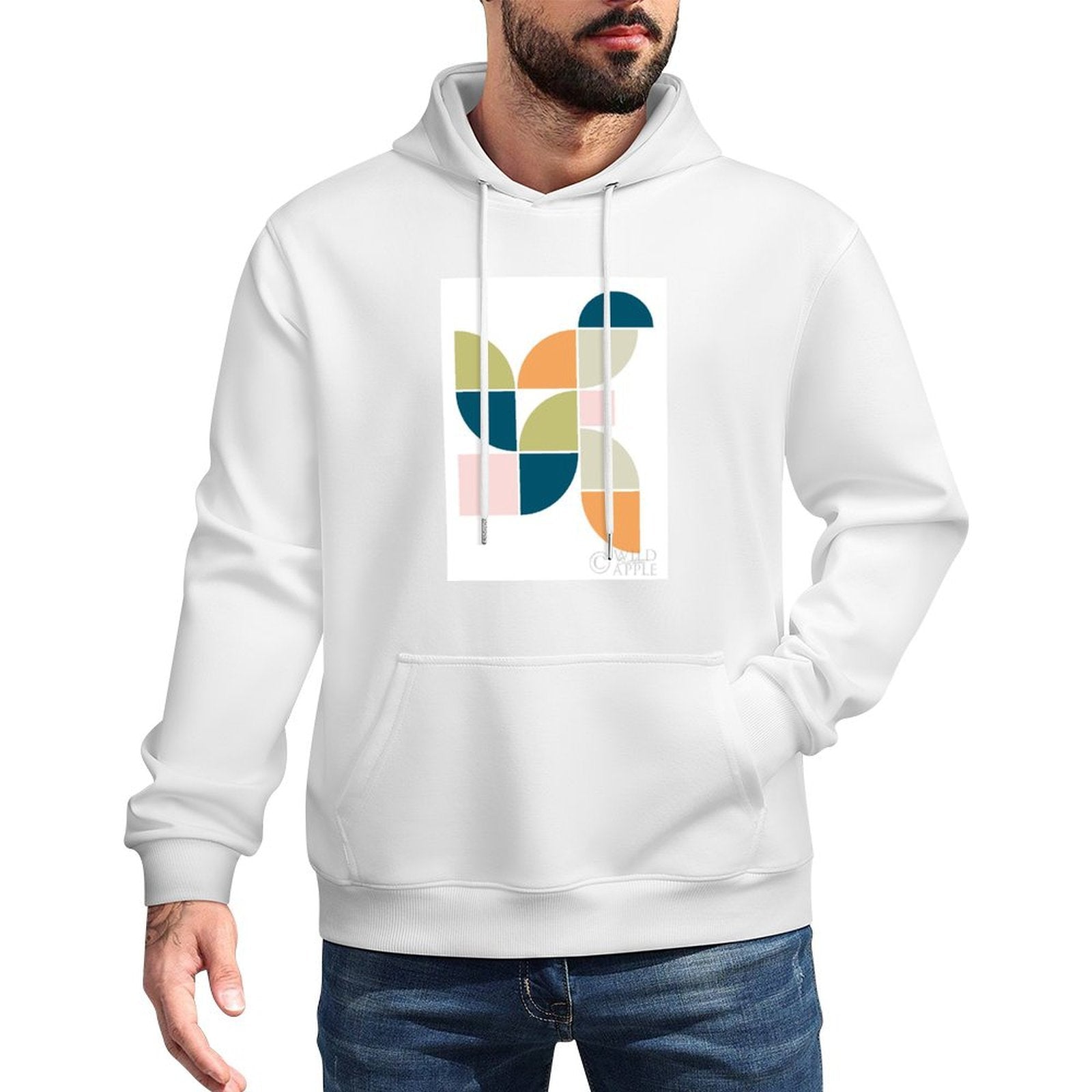 Men's Stick Hooded Sweatshirt with mid-century geometric design by Wild Apple, comfortable, white hoodie