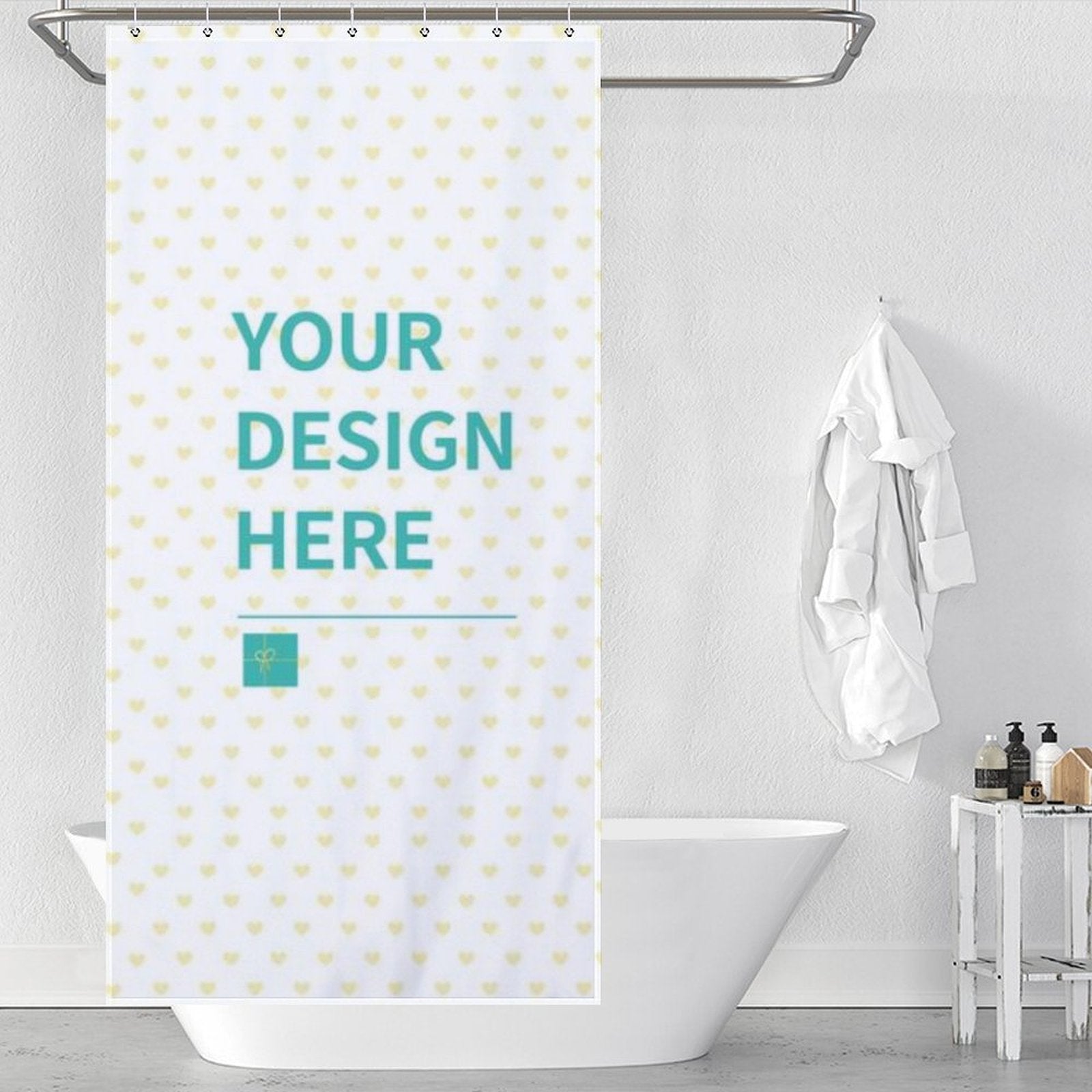 Custom shower curtain with text 'YOUR DESIGN HERE', heart pattern on white background, bathroom.