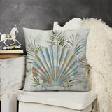 Decorative plush pillow cover with seashell and palm leaves design. Soft, comfortable, perfect for sofa or couch