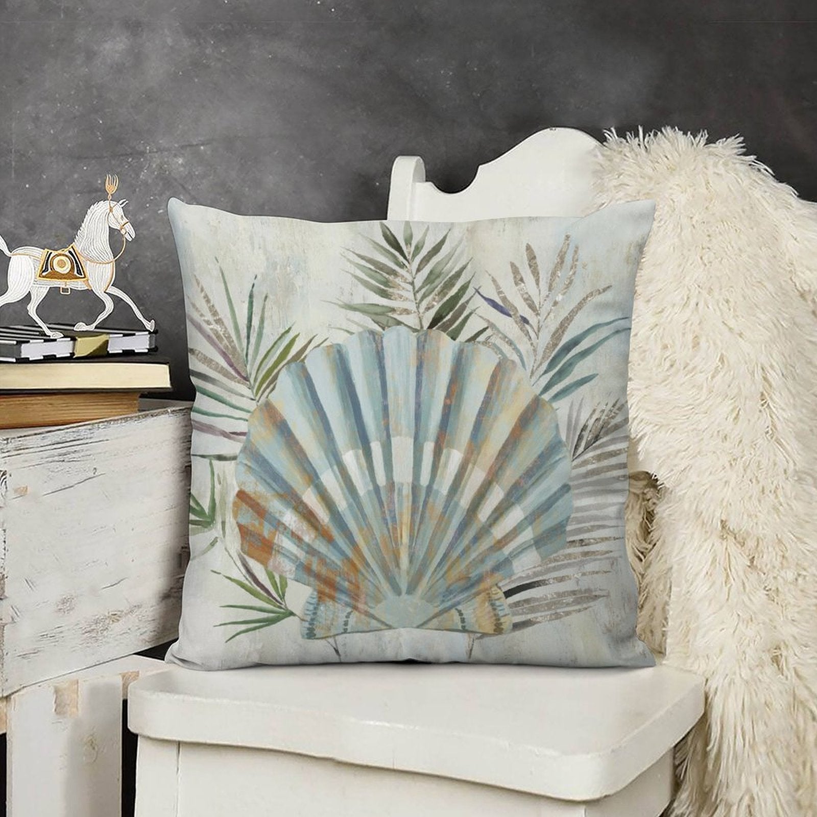 Luxury soft plush pillow cover with seashell and palm leaves design for sofa or couch