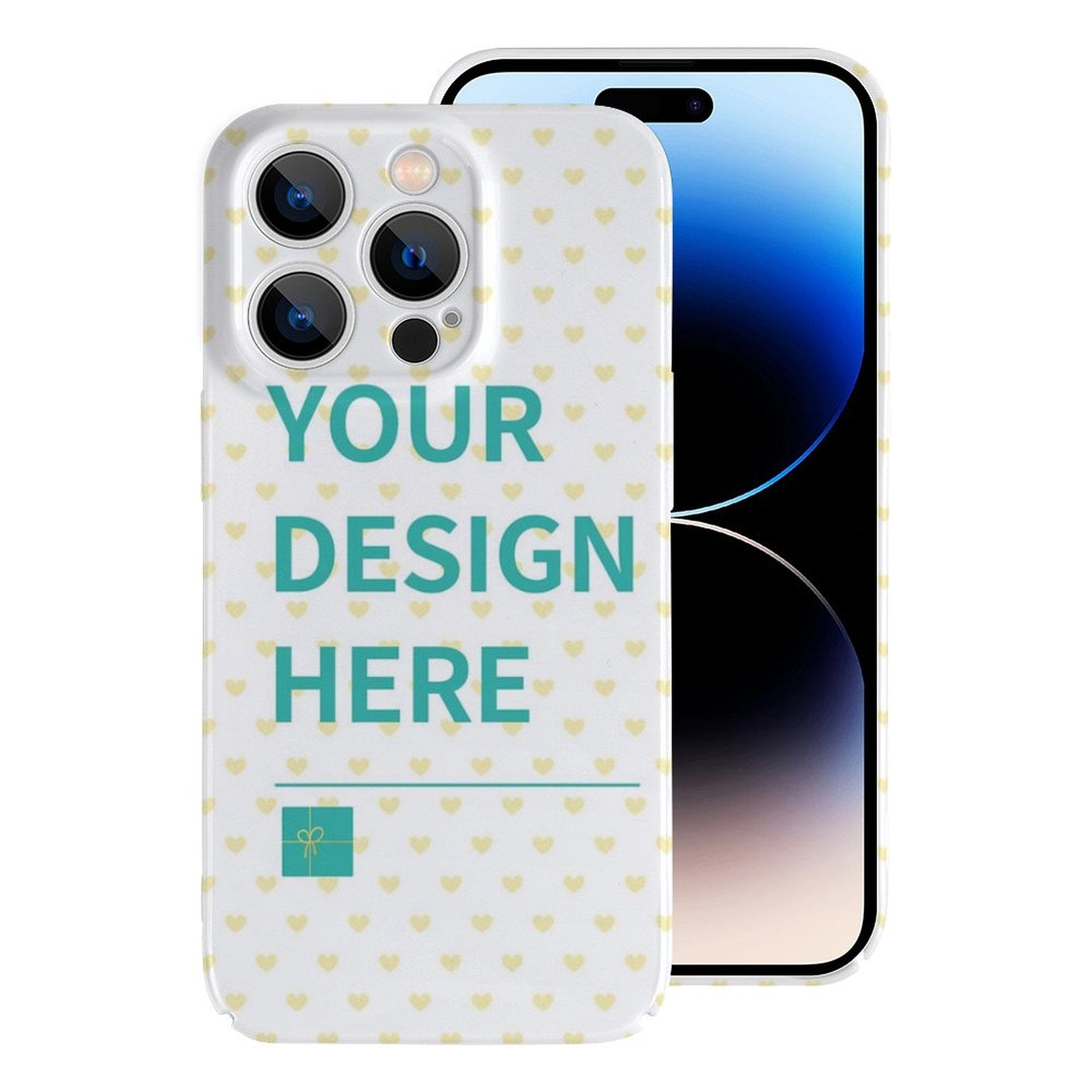 Custom iPhone 14 Pro case with 'YOUR DESIGN HERE', PC plastic, and heart pattern. MyArtsyGift
