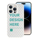 Custom iPhone 14 Pro case with 'YOUR DESIGN HERE', PC plastic, and heart pattern. MyArtsyGift