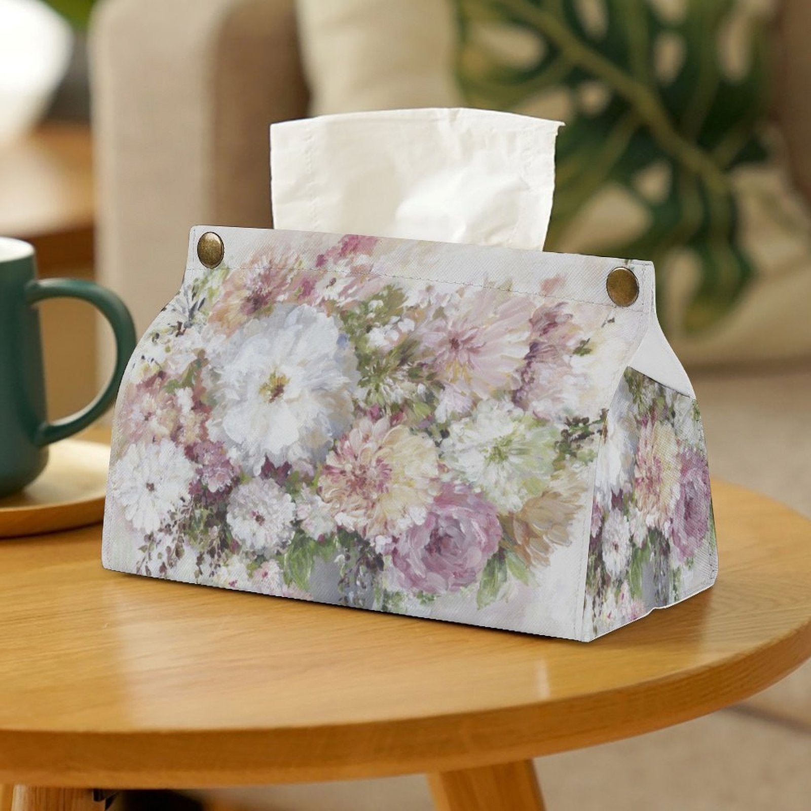 Floral PU tissue box cover, rectangular holder for home or office decor, stylish design