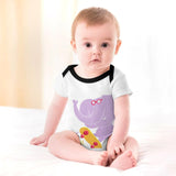 Infant bodysuit with purple elephant skateboarding. MyArtsyGift baby clothing.