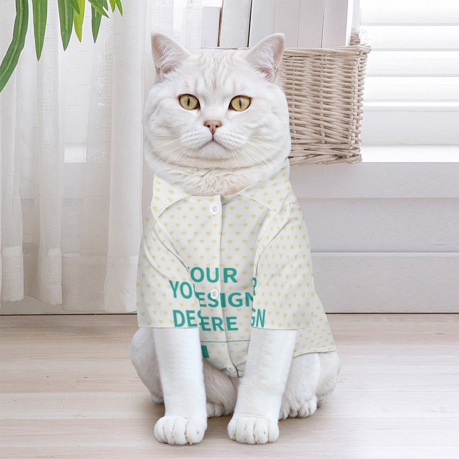Custom pet shirt, white cat wearing personalized shirt with heart pattern and text, cool and stylish, perfect for summer