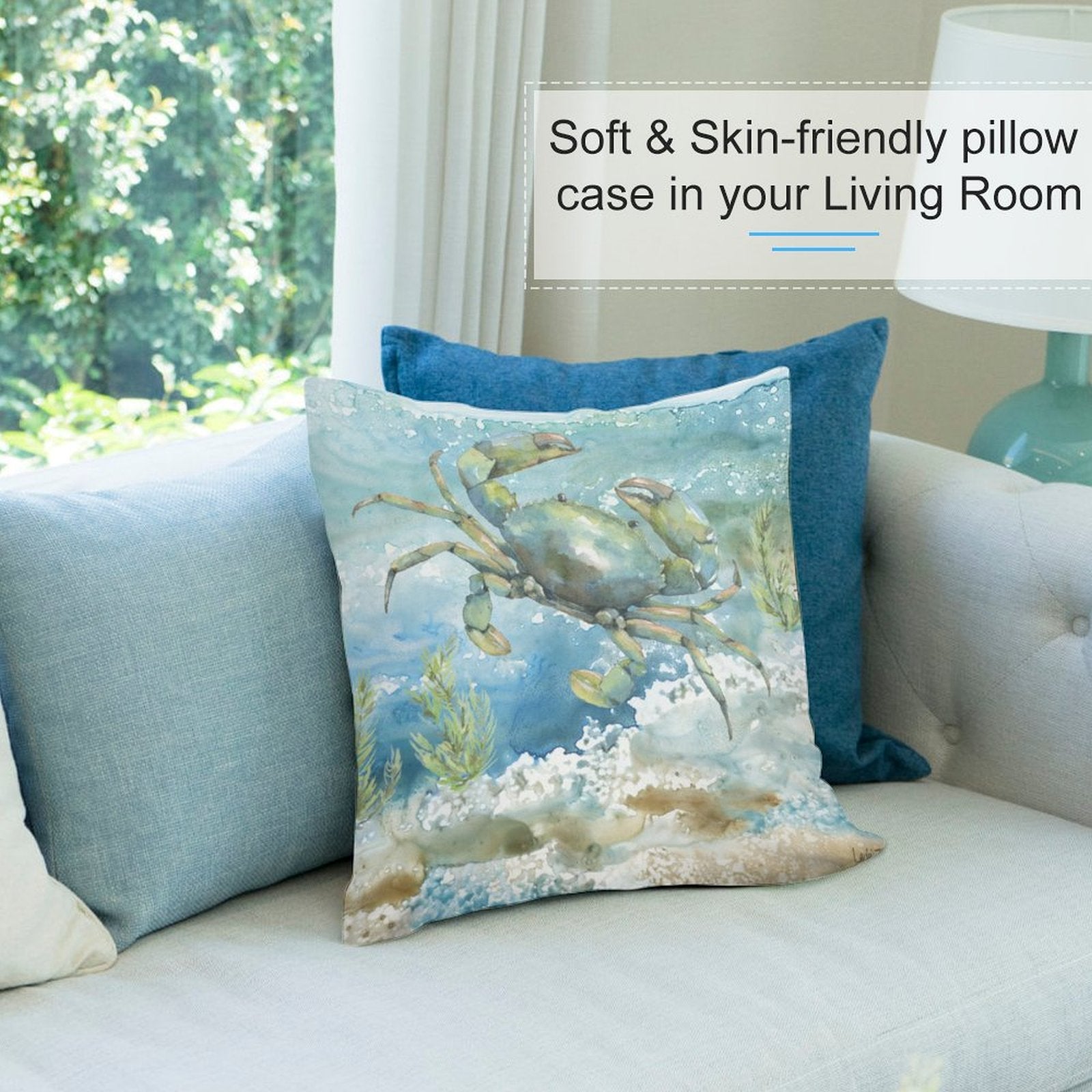 Crab plush pillow cover, watercolor art design, soft & skin-friendly, perfect for sofa and living room decor.
