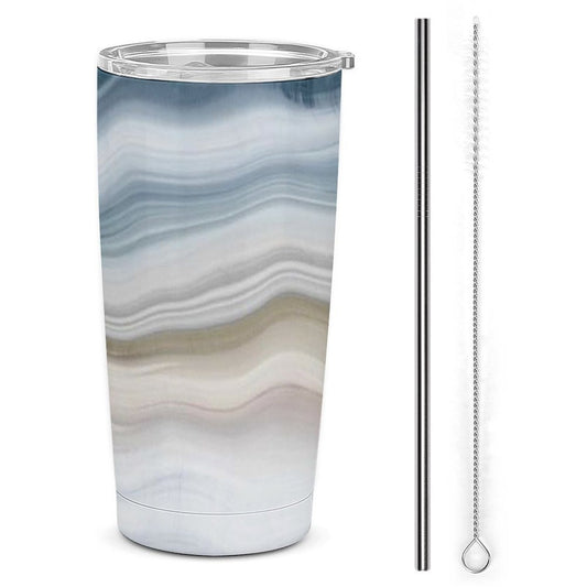 Stainless steel coffee travel mug with abstract art, straw, and cleaning brush; a perfect birthday gift idea.