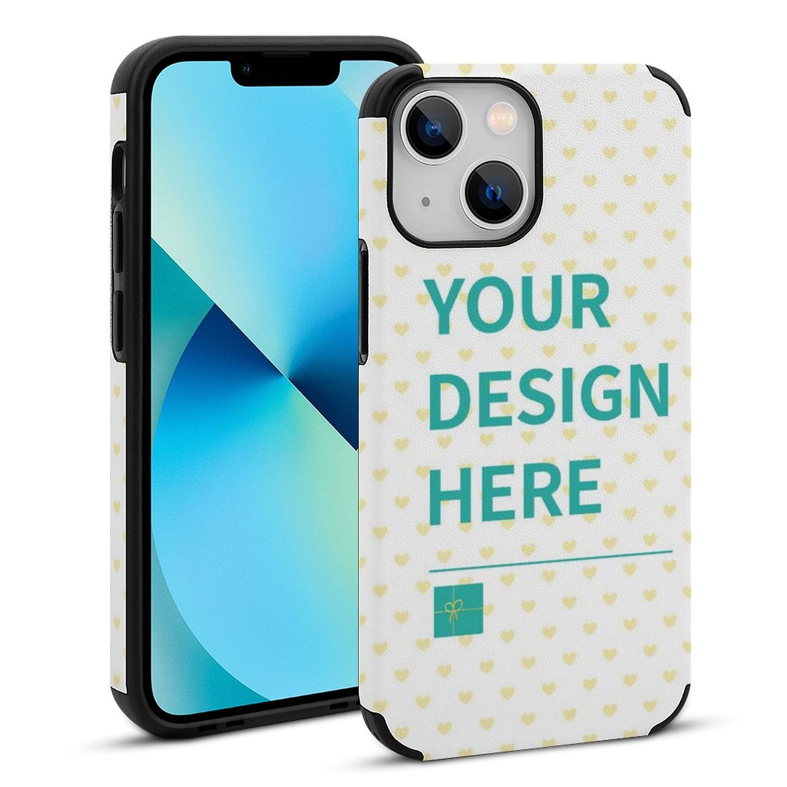 Custom iPhone 13 case with heart pattern and "Your Design Here" text, fiber leather phone cover