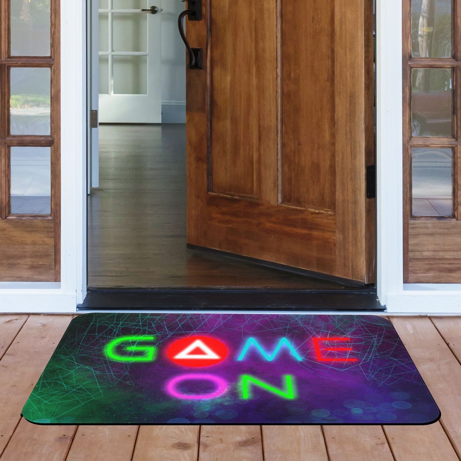 Game On doormat - Rubber floor mat for indoor/outdoor use, neon game design.