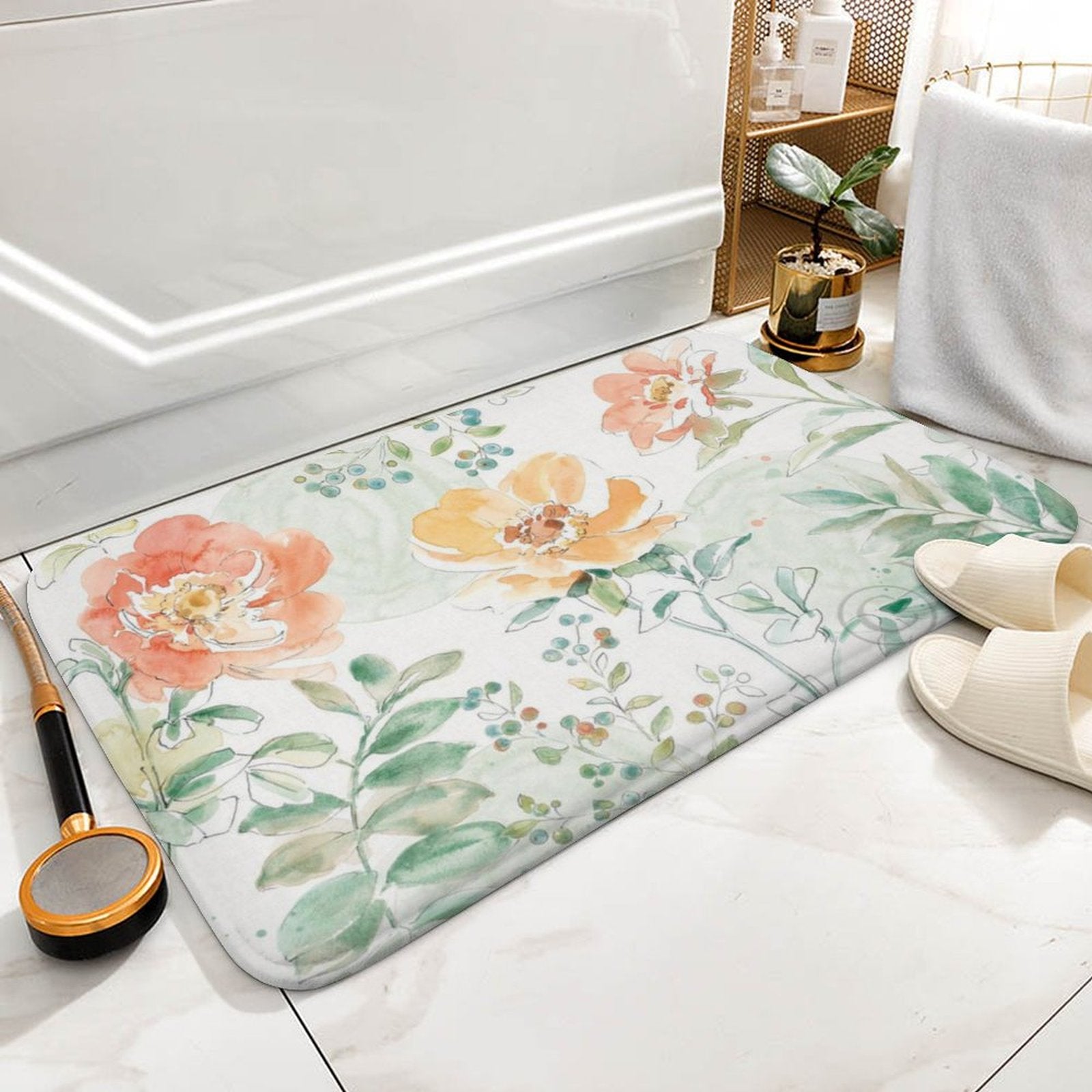 Coral velvet floral bath rug, non-slip, quick-drying floor carpet for bathroom, kitchen or bedroom.