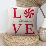 Christmas pillow cover with "LOVE family VE" text and candy cane design. Cotton linen cushion case for home decor.