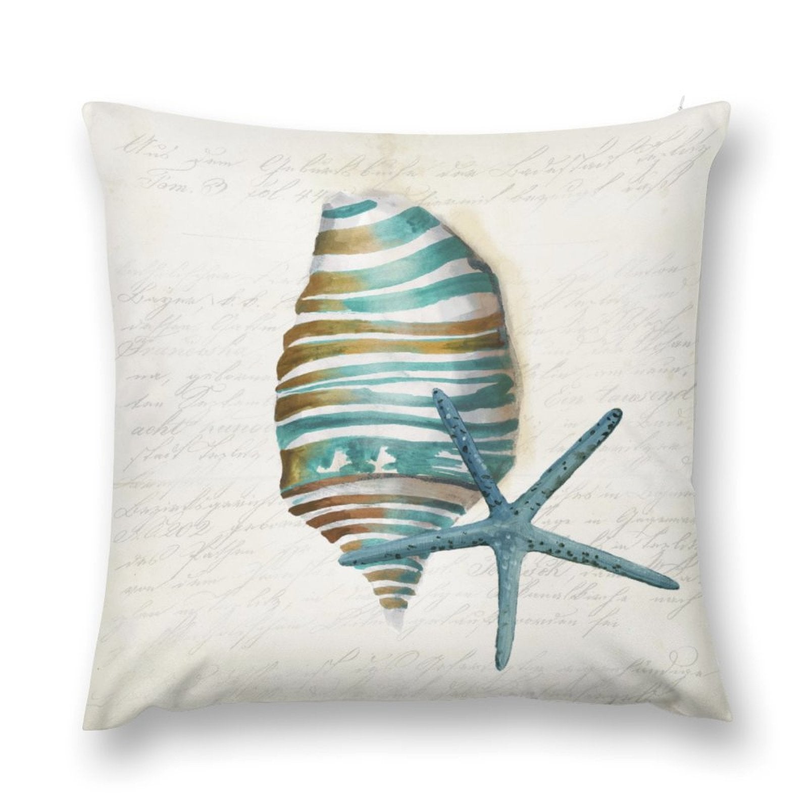 Soft plush pillow cover with seashell and starfish watercolor design