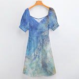 Women's summer mini dress with blue watercolor print, short sleeves, casual style, perfect for MyArtsyGift.