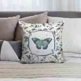 Butterfly throw pillow for living room decor. Features watercolor butterfly design, leaves and vines.