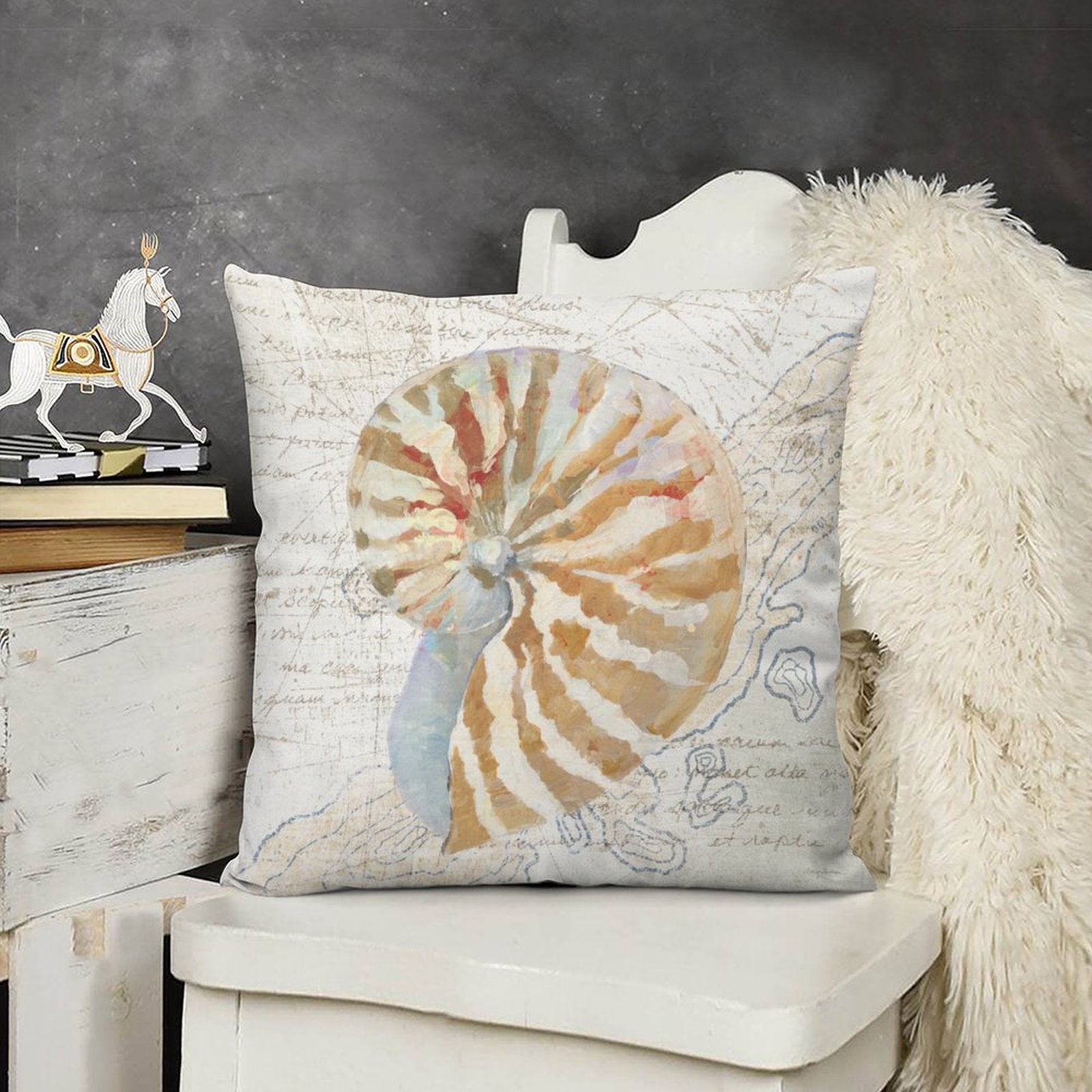 Plush throw pillow cover with nautilus shell design. Soft and fluffy decorative pillow for sofa and living room decor