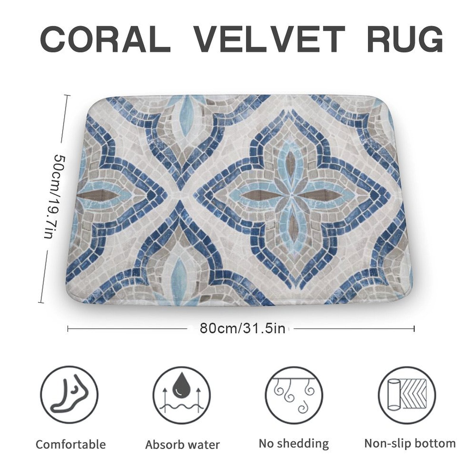 Coral velvet bath rug with mosaic design; non-slip, absorbent floor carpet for bathroom, bedroom, or kitchen.
