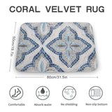 Coral velvet bath rug with mosaic design; non-slip, absorbent floor carpet for bathroom, bedroom, or kitchen.